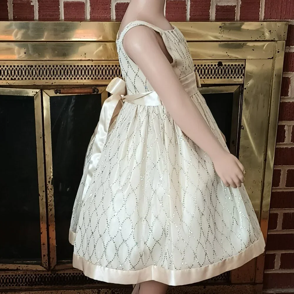 Girls Embossed Organza Dress 5 Special Occasions Cream & Silver Cottage Core